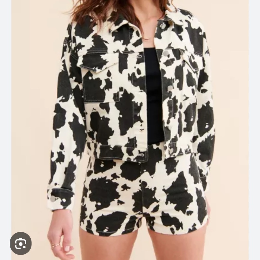 Le Lis Black and White Jean Jacket Cow Print